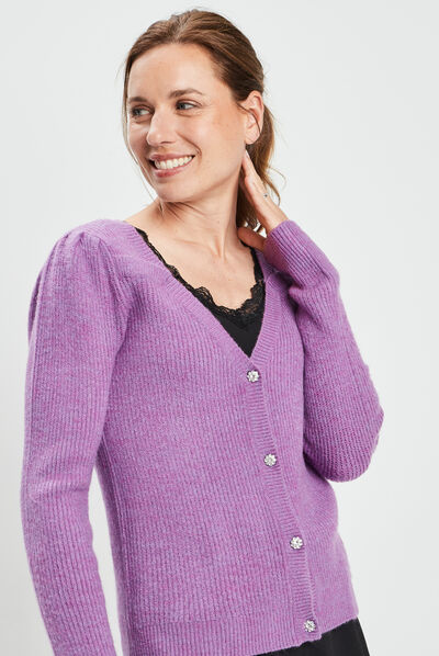 Gilet boutonné avec col en V violet femme