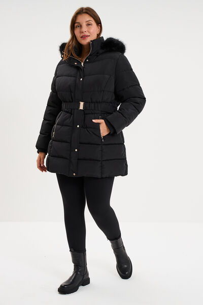 Doudoune mi-longue ceintur&eacute;e &agrave; capuche noir femme grande taille