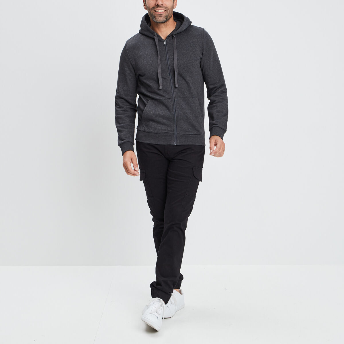 Sweat zippé molleton à capuche gris foncé homme