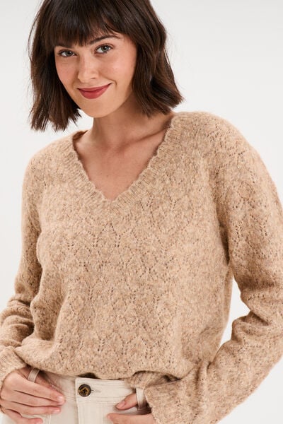 Pull col V ajour&eacute; manches longues beige femme