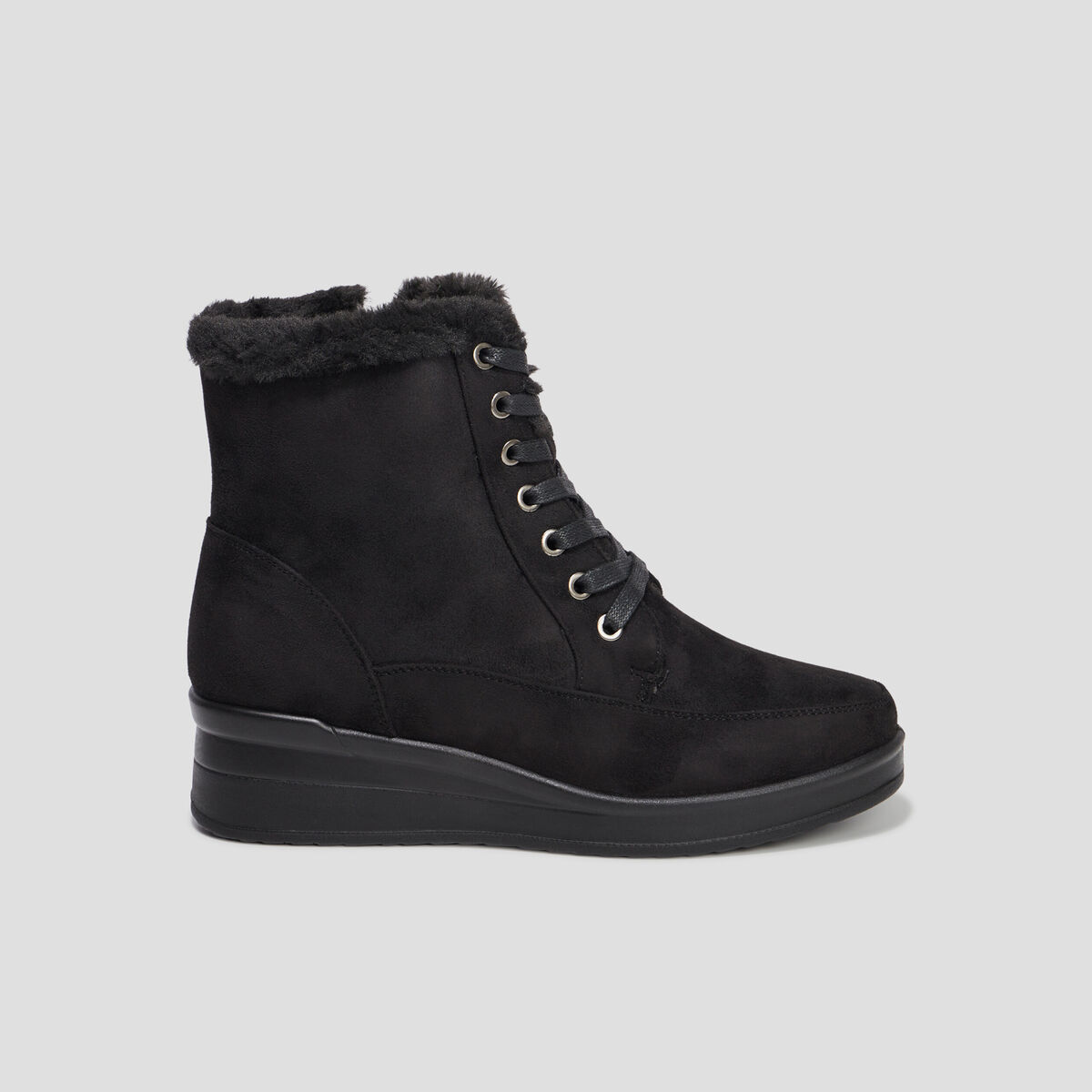 Bottines fourrées compensées pied large noir femme
