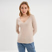 T-shirt col en V manches longues coton beige femme