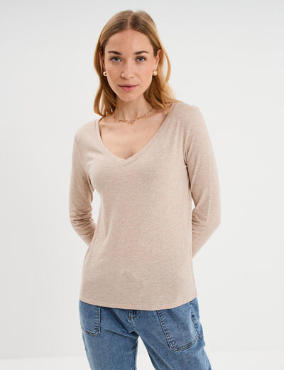 T-shirt col en V manches longues coton beige femme