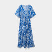 Robe longue col en V manches courtes bleu electrique femme
