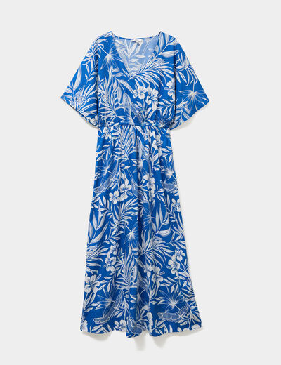 Robe longue col en V manches courtes bleu electrique femme