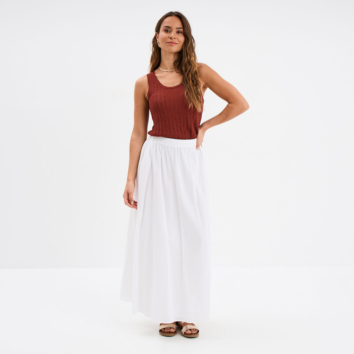 Jupe évasée midi coton blanc femme