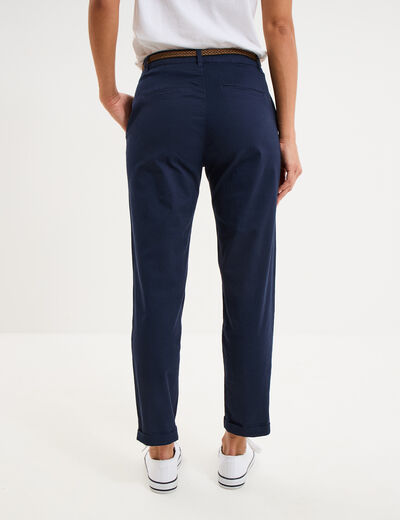 Pantalon chino 7/8&egrave;me ceinture tress&eacute;e bleu marine femme