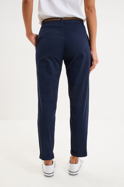 Pantalon chino 7/8&egrave;me ceinture tress&eacute;e bleu marine femme