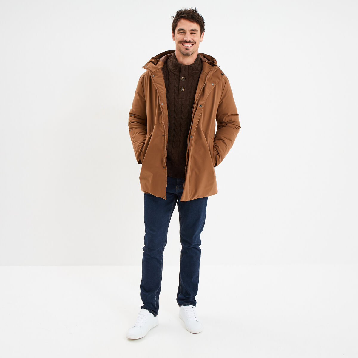 Parka mi-longue &agrave; capuche marron homme