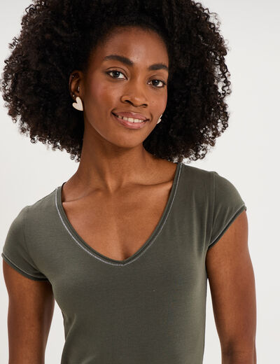 T-shirt col V ajust&eacute; manches courtes vert kaki femme