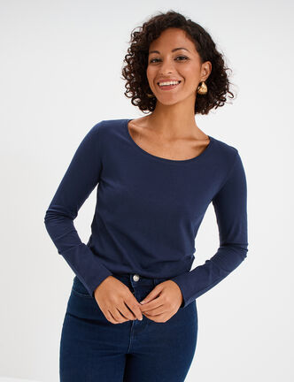 T-shirt coton col rond manches longues bleu marine femme
