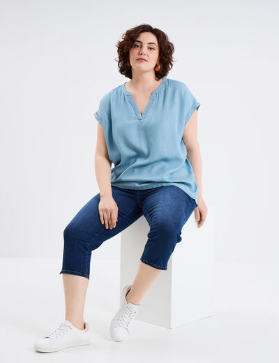 Blouse col tunisien manches courtes bleu clair femme grande taille