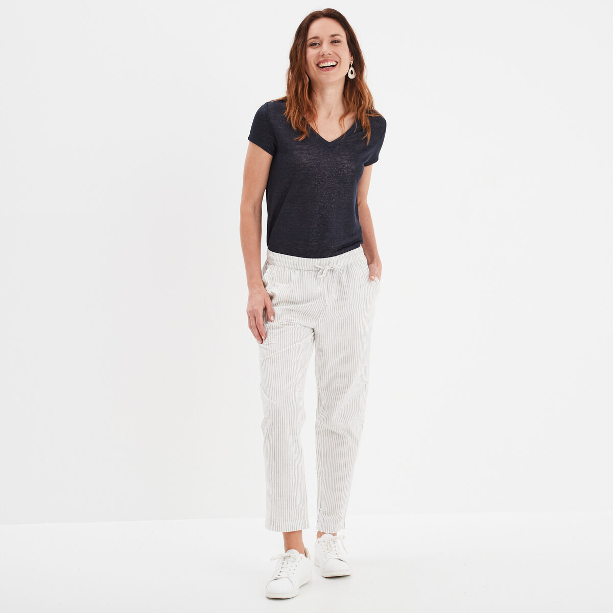 T-shirt col en V à bande métallisée bleu foncé femme