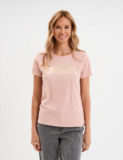 T-shirt col rond manches courtes Creeks rose poudrée femme