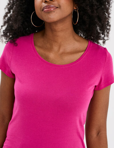T-shirt coton col rond manches courtes rose fushia femme