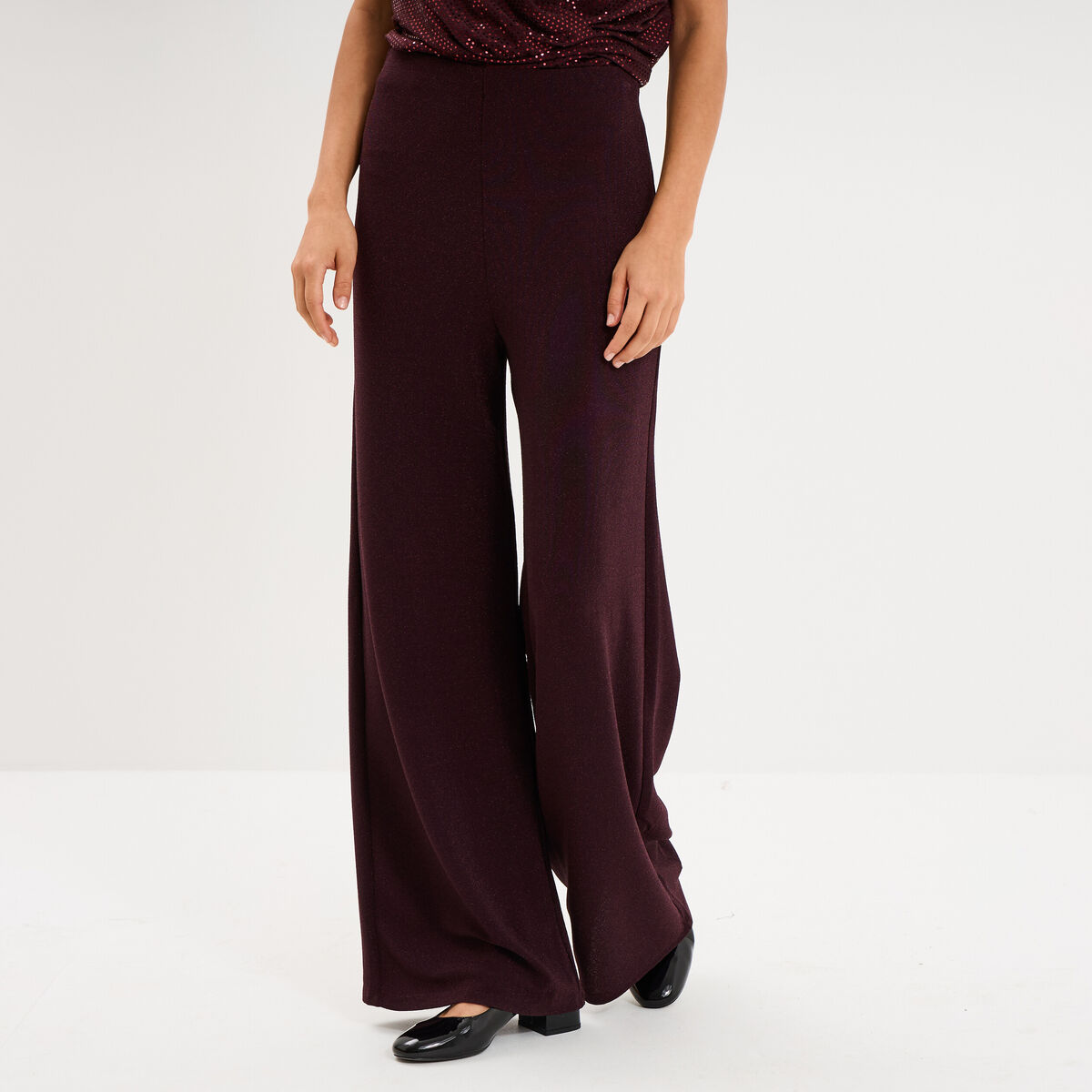 Pantalon large &agrave; paillettes prune femme