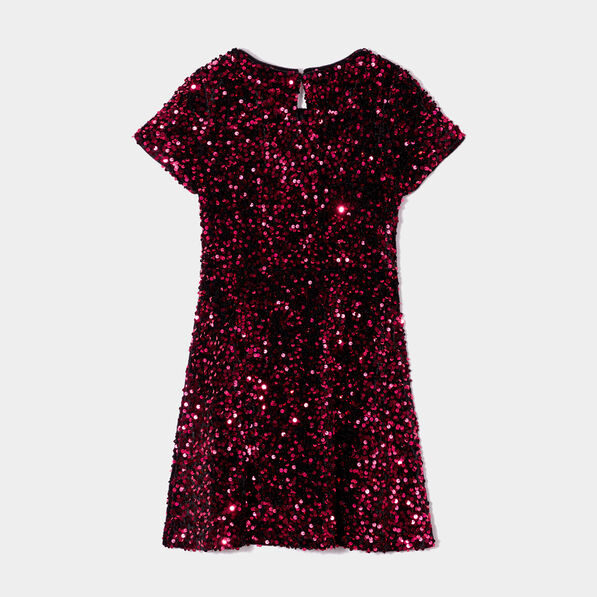 Robe trapèze à sequins manches courtes rose fushia fille