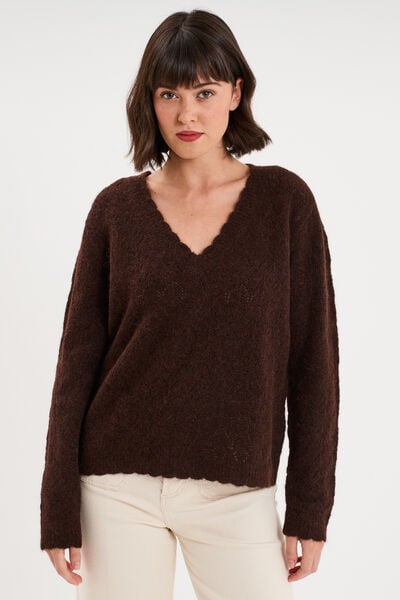 Pull col V ajour&eacute; manches longues marron fonc&eacute; femme