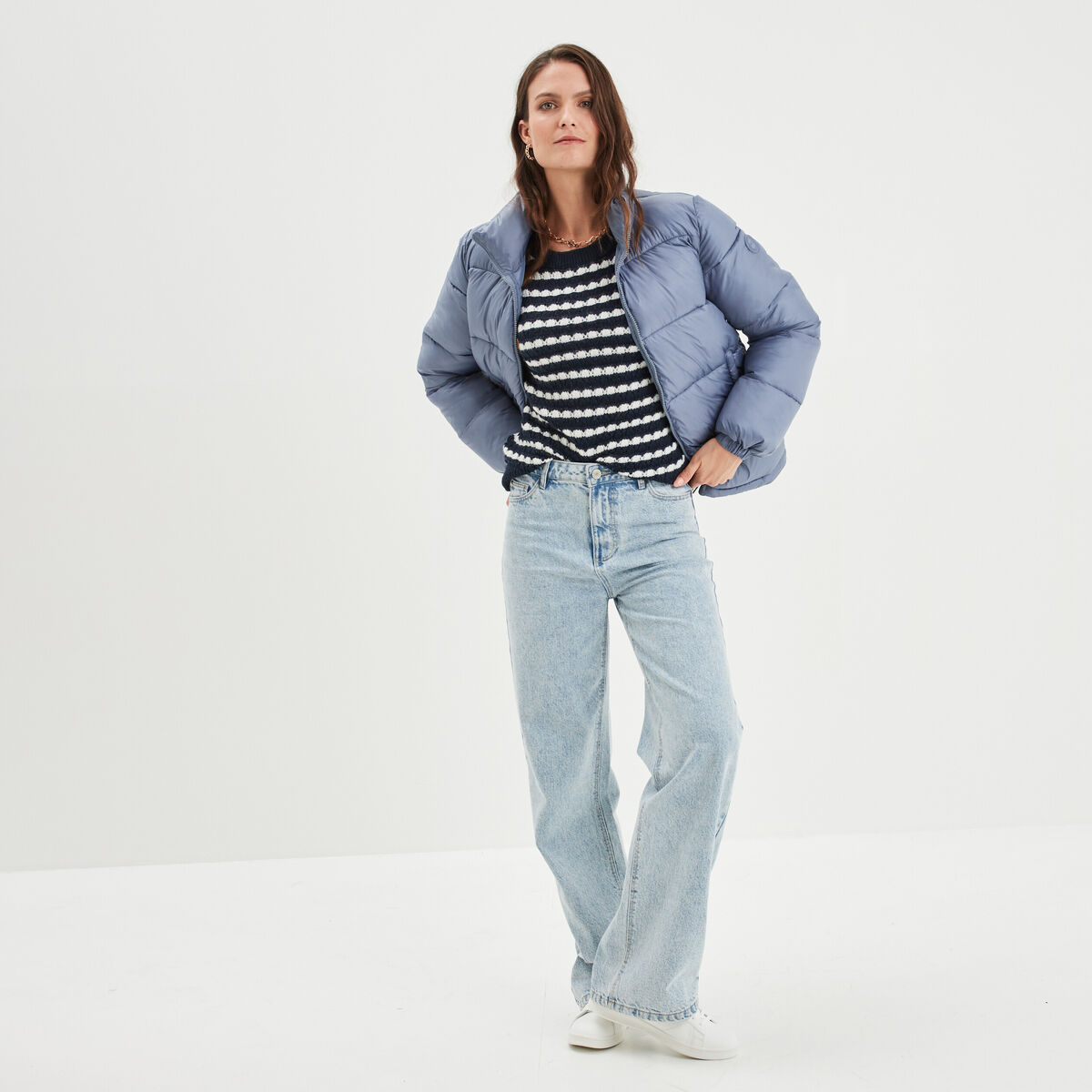 Doudoune col montant zippée bleu gris femme