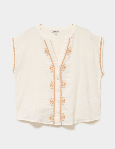 Blouse brod&eacute;e manches courtes ecru femme