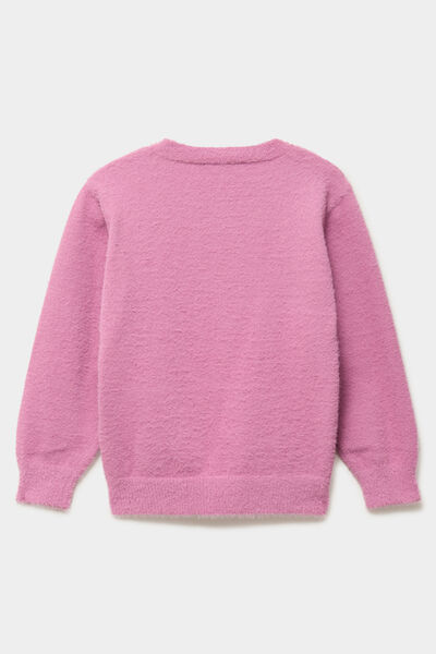 Pull mailles duveteuses manches longues rose poudr&eacute;e fille