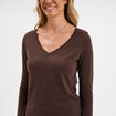 T-shirt col en V manches longues coton marron foncé femme