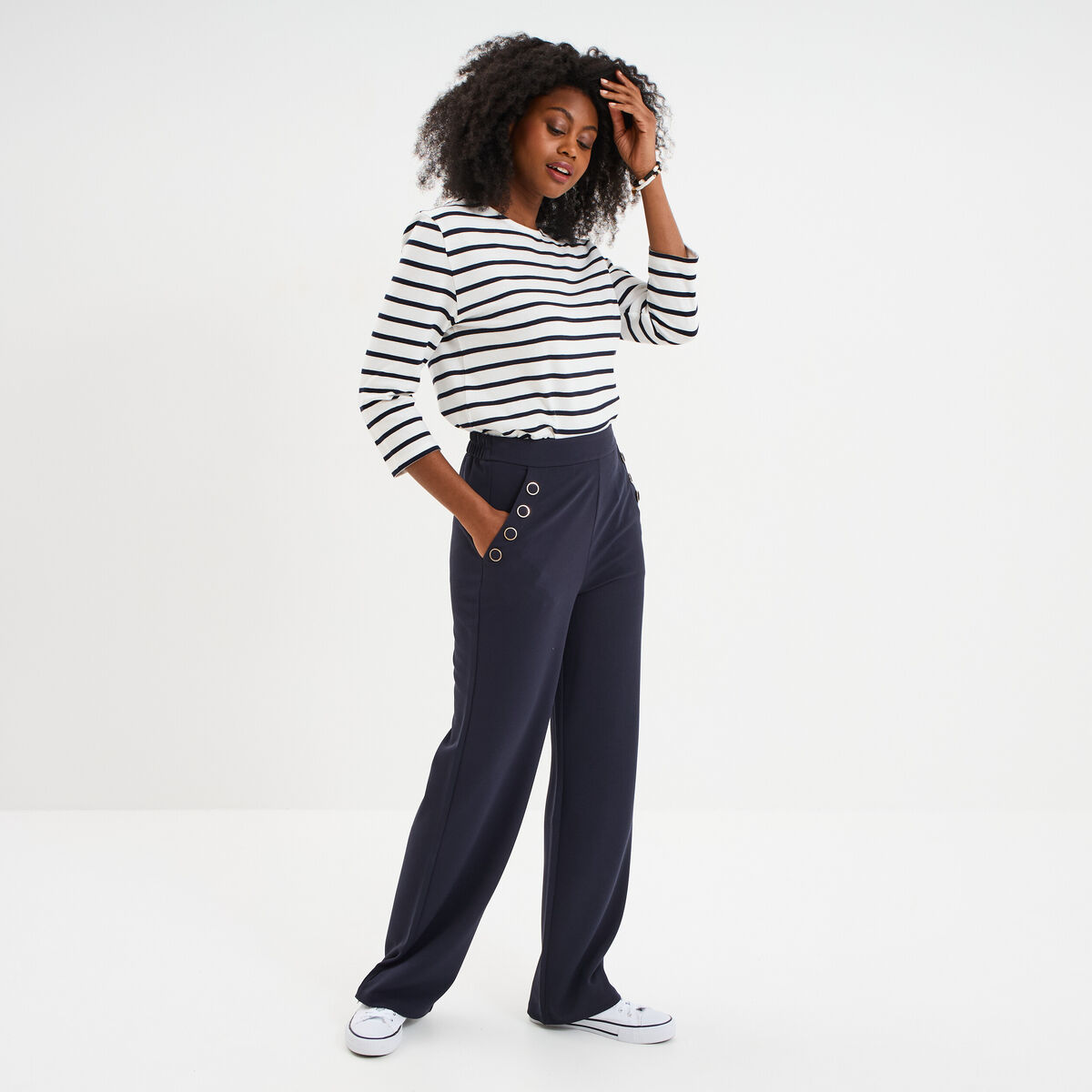 T-shirt manches 3/4 avec boutons coton ecru femme