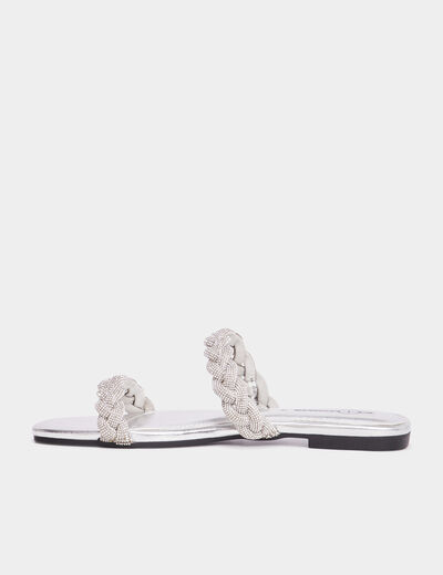 Mules brides tress&eacute;es strass Mosquitos gris argent femme