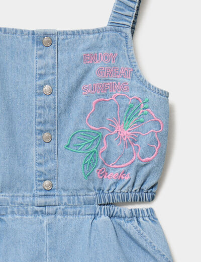 Combishort en jean brod&eacute;e &agrave; bretelles denim triple stone fille