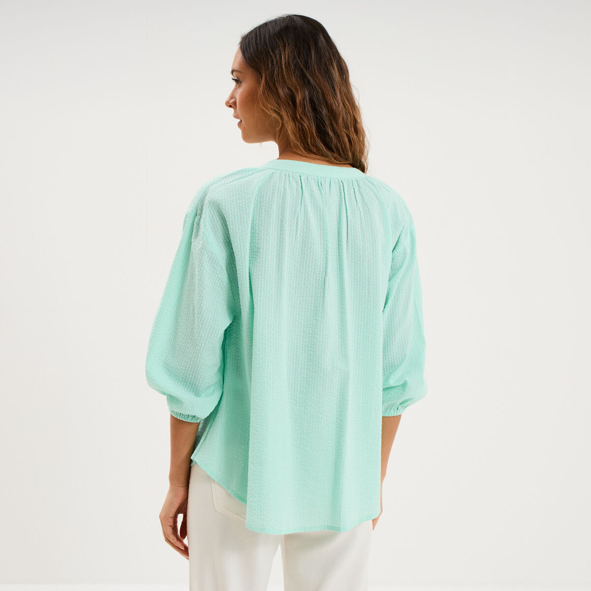 Blouse col tunisien manches 3/4 coton vert clair femme