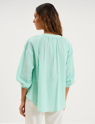 Blouse col tunisien manches 3/4 coton vert clair femme
