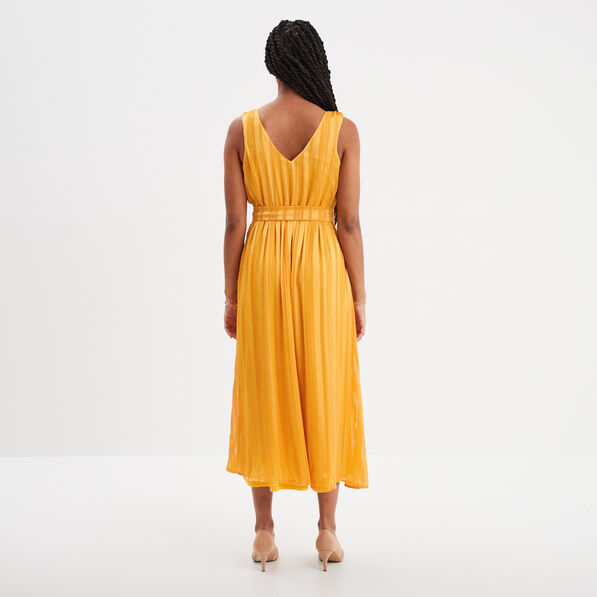 Robe longue fluide col détail bijou jaune foncé femme