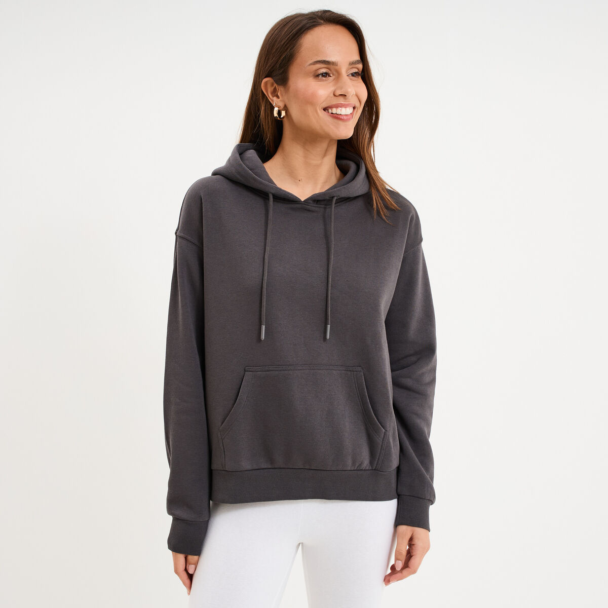 Sweat hoodie molleton &agrave; capuche gris fonc&eacute; femme