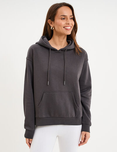 Sweat hoodie molleton &agrave; capuche gris fonc&eacute; femme