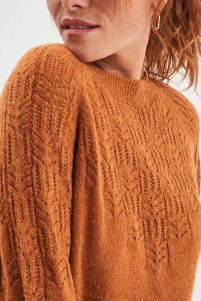 Pull manches ballons détails ajourés marron cognac femme