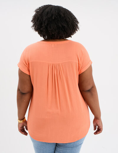 Blouse col en V manches courtes rose corail femme grande taille