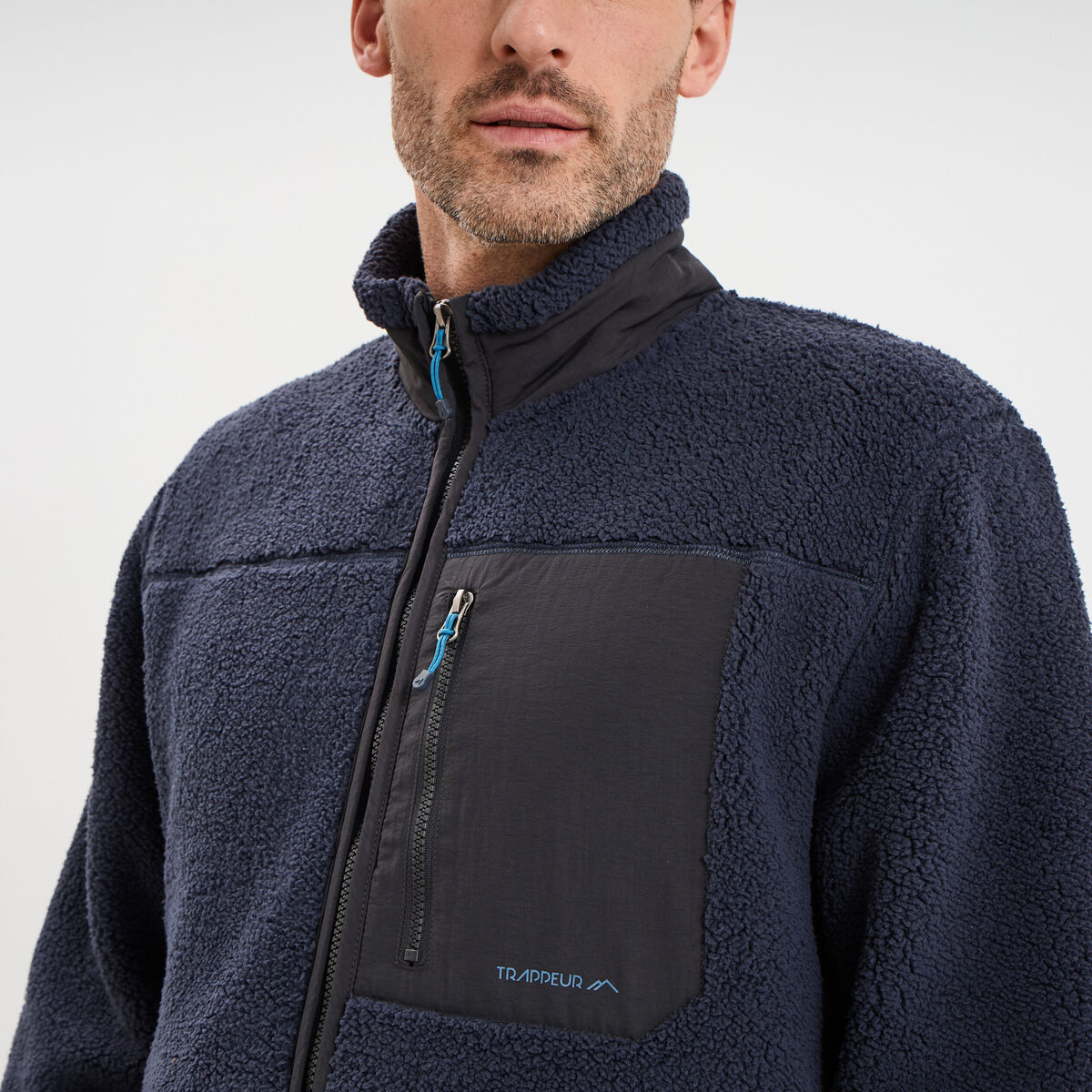 Veste effet sherpa zipp&eacute;e 3 poches bleu fonc&eacute; homme
