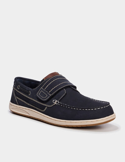 Chaussures bateau en cuir &agrave; scratch bleu homme