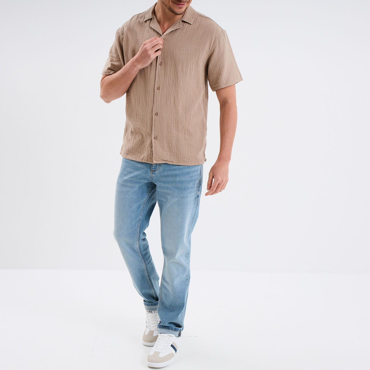 Chemise gaze de coton manches courtes taupe homme