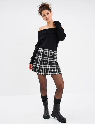 Pull cintré col bateau manches longues noir femme