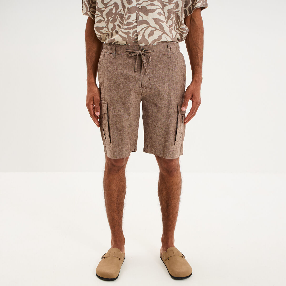 Bermuda cargo en lin m&eacute;lang&eacute; marron homme