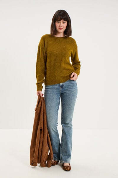 Pull col rond manches longues vert olive femme
