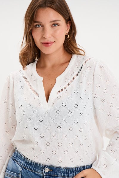 Blouse manches longues broderie anglaise blanc femme grande taille