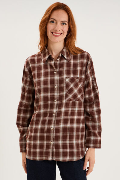 Chemise manches longues coton marron femme