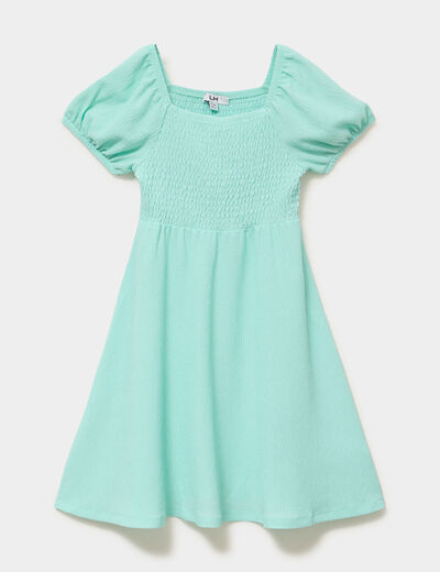 Robe smock&eacute;e manches courtes &eacute;vas&eacute;e vert clair fille