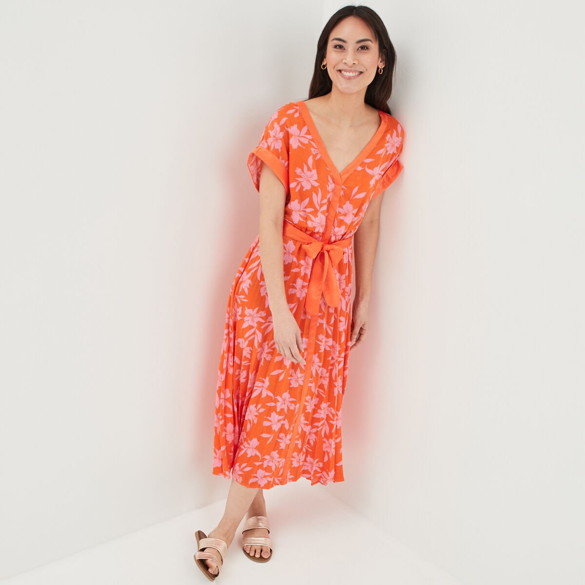Robe patineuse longue ceinturée orange femme