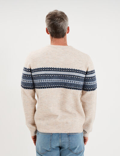 Pull jacquard col rond manches longues beige homme