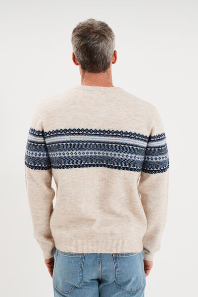 Pull jacquard col rond manches longues beige homme