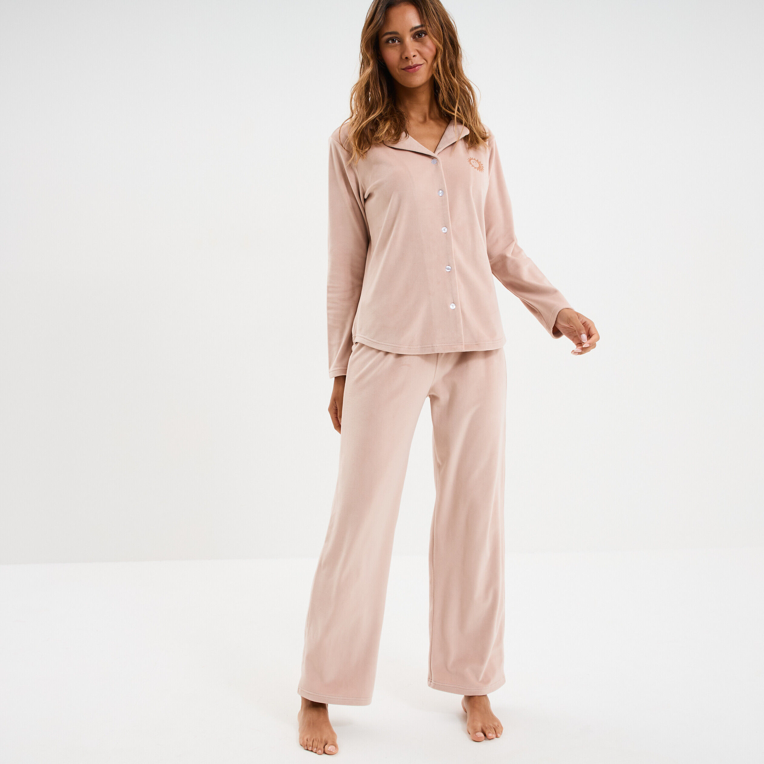 Ensemble pyjama effet velours 2 pièces beige femme LH