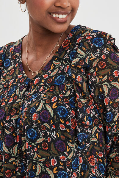 Blouse col en V à volants multicolore femme